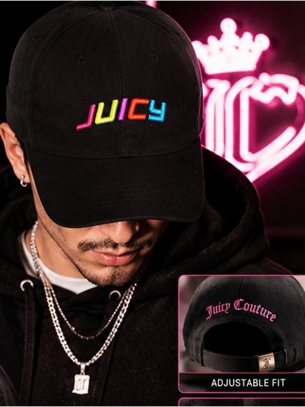 Juicy Couture Y2K Neon Embroidered Black Streetwear Cap Hat Unisex